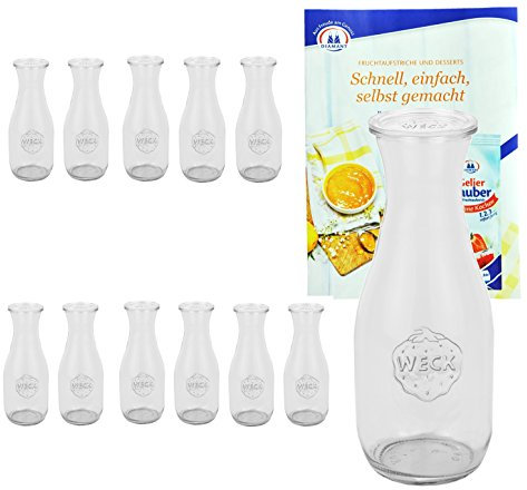 MamboCat Weck Set 12 bocaux en Verre 1062 ML 1 Litre avec 12 couvercles en Verre avec livret de Recettes Gelierzauber Original Weck Bouteille en Verre avec Couvercle pour jus de Fruits Sauces Huiles