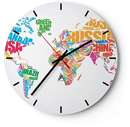 Modern Wanduhr Karte Worte Welt Geographie 40x40cm Rund Groß Wand Uhr Glas Analog Zimmeruhren Küche Büro Wohnzimmer Glasuhr Wall Clock Dekoration Design Wanddekoration Küchenuhr C3AR40x40-2860