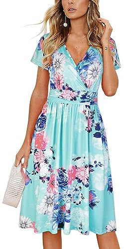OUGES Women's Summer Short Sleeve V-Neck Floral Casual Ladies Dress with Pockets (Floral03,M)