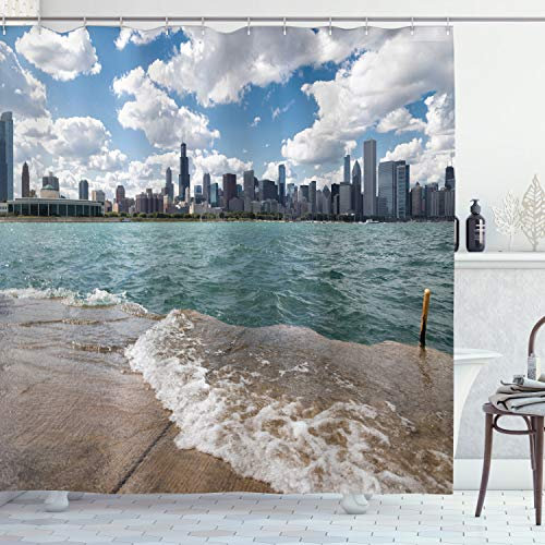 ABAKUHAUS Chicago Duschvorhang, Chicago Skyline und See, Stoffliches Gewebe Badezimmerdekorationsset mit Haken, 175 x 180 cm, Mehrfarbig