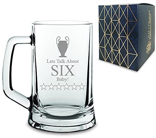 Novelty Engraved Tankard Beer 16.5oz or 468ml Glass with Liverpool Klopp Saying, Let's Talk About SIX Baby! Trophy Gift - Engraved in The UK - Gift for Dad
