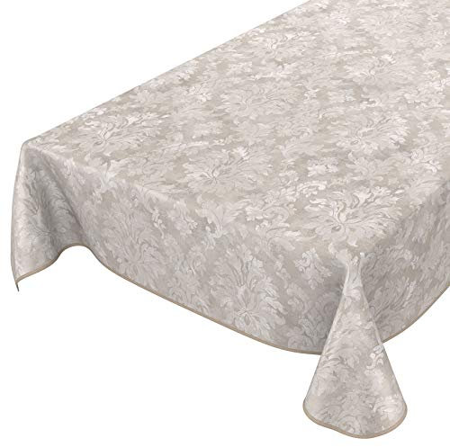 Wachstuchtischdecke abwaschbar Garten Tischdecke Wachstuch Rund Oval Eckig Indoor Outdoor Barock Rankenmuster Hellgrau-Beige 260x140cm mit Saum - Eingefasst