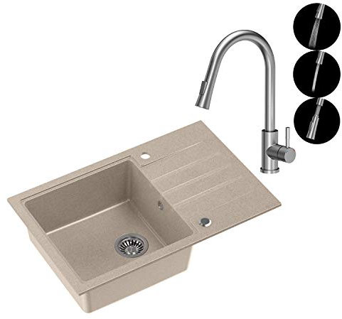 VBChome Spüle mit Armatur 78 x 50 cm Tiefes Becken 20cm Beige Küche Große Abtropfflache 2 Leistungsstufen Einbauspüle ab 55 cm Küchenspüle Einzelbecken + Siphon Ausziehbarer Wasserhahn Inox Edelstahl