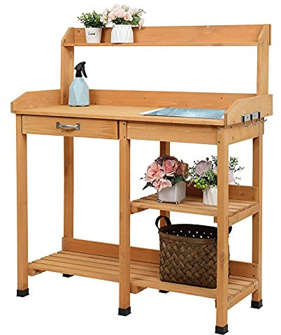 YYUN 117cm Pflanztisch aus Tannenholz Holz Pflanztisch für Den Garten mit Edelstahlspüle und Schubladenregalhaken für Terrasse, Garten, Hinterhof, Natur