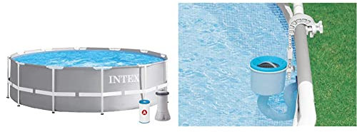 Intex Schwimmbecken Pool Ø 366 x 99 cm Frame Pool Set Prism Rondo 26716 & Oberflächenskimmer - Deluxe Oberflächenskimmer zur Wandmontage - Hängeskimmer