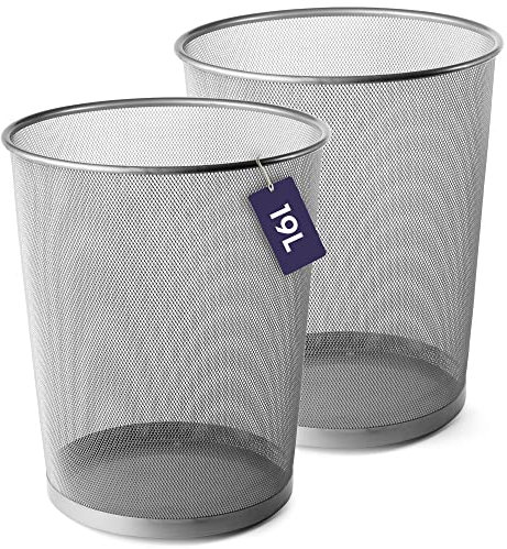 Volila Papierkorb 2er-Pack (34cm x 30cm - 19L) - Silberner Mülleimer für Büro & Zimmer - Leichter, Langlebiger und Einfach zu Säubernder Metall-Abfalleimer