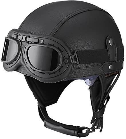 LHBM Casco Mezzo da Motociclista Vintage Caschi con Occhiali Aperto Jet Caschi Casco A Scodella Motorino Mezzo Elmetto da Moto retrò,DOT/ECE Approved Mezzo Casco Moto Uomo Donna A,L=59-60cm