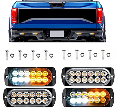 KYYET 4pcs 12-24v 12 LED Montage en surface Avertissement de danger d'urgence Clignotant Barre lumineuse stroboscopique pour véhicules tout-terrain ATV Camions Remorque Camion Van (Ambre et Blanc)