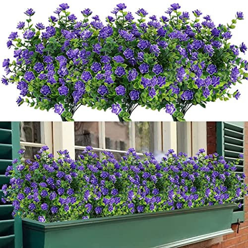 SOMYTING 8 Bündel Künstliche Blumen Balkon Kunstblumen UV-beständig Grüne Sträucher Pflanzen Kunstblumen Eukalyptus Deko für Innen Außenbereich Hausgarten Fenster Hochzeit Party Dekoration (Lila)