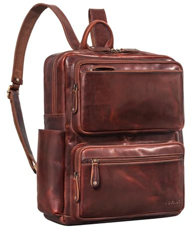 ROYALZ 'Rockford' XL Rucksack Leder Herren Damen Echtleder Laptoptasche 14-15,6 Zoll Notebook DIN A4 Business Lederrucksack Arbeitsrucksack Tagesrucksack, Farbe:Roma Cognac Braun