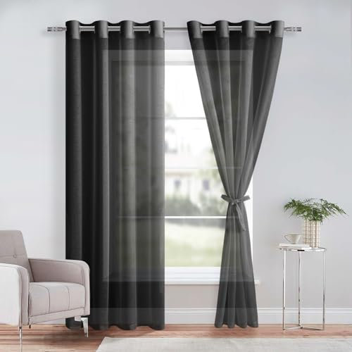 DWCN Sheer Voile Vorhang mit Ösen Gardinen Kurz Durchlässige Vorhänge Weiss Vorhang Transparent, Schwarz, 240x132cm(HxB)