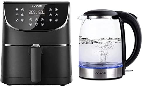 COSORI Heißluftfritteuse 5,5L XXL Friteuse Heissluft Fritteusen+COSORI Wasserkocher Glas mit Upgrade Edelstahl Filter und Innendeckel, BPA Frei