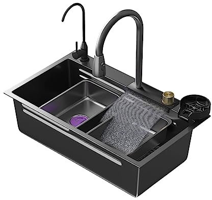 Sus304 fregadero cocina negro fregadero cocina 1 seno negro pila de lavar Raindance de acero inoxidable Fregadero de platos for el hogar Fregadero individual Nano, con grifo extraíble de frío y calor
