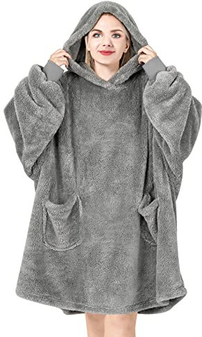 WOLTU Hoodie Decke mit Ärmeln Kapuze, Oversized Kapuzenpullover flauschig, Oeko-TEX Zertifiziert, weiche Ärmeldecke Tragbare Decke zum Anziehen, Damen Herren, 107x90 cm Grau