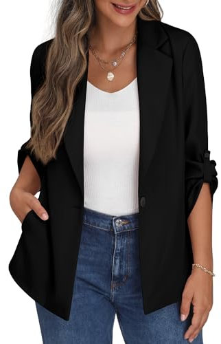 PrinStory Blazer da donna aperto sul davanti, cardigan a maniche regolabili, giacca blazer con tasche con bottoni, Nero , 10-12