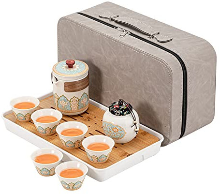 fanquare Chinesisches Porzellan Teekanne mit Sieb, Kungfu Keramik Teeservice mit Reisetasche,Teedose und Teebrett,Tee Set mit Blumenmuster für Erwachsene, Weiß