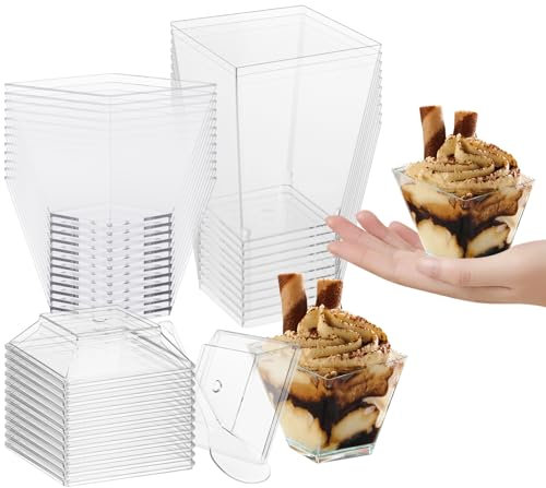 Gute 50 Stück Dessertbechern,2oz/60ML Desserttasse mit Löffeln und Deckel,Plastik Dessertgläser,DIY Wiederverwendbar Quadratischer Dessertbecher für Pudding,Mousse,Eis,Picknick,Party