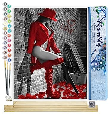 Figured'Art Malen Nach Zahlen Erwachsene Mit Rahmen Sexy Frau mit roten Lederstiefel - Paint by Numbers Basteln DIY Bastelset 40x50cm Mit Keilrahmen (nicht gespannt)