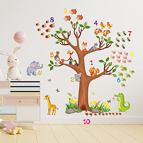 Cartoon Mehrfarbige BäUme Und Tiere Zahlen Pädagogisches Lernen Wandaufkleber Fuchs Eichhörnchen Hirsch Wandaufkleber Baby Kindergarten Kinder Schlafzimmer Spielzimmer Wand Dekor