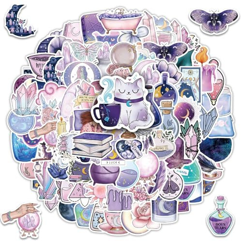 Mezrkuwr 100 Blatt magische Mond-Aufkleber, lustige Hexen-Aufkleber-Sets für Erwachsene, Kinder, Teenager, Mädchen, für Wasserflaschen, Vinyl-Mini-Massenaufkleber