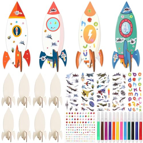 Heartsking 12 Stück Windspiel Bastelset Kinder, Raketen Kindergeburtstag Basteln Holz DIY Doppelseitig mit Malpinsel Aufkleber Strass Sticker für Mädchen Jungen ab 3 4 5 6 7 8 Jahre