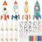 Heartsking 12 Stück Windspiel Bastelset Kinder, Raketen Kindergeburtstag Basteln Holz DIY Doppelseitig mit Malpinsel Aufkleber Strass Sticker für Mädchen Jungen ab 3 4 5 6 7 8 Jahre