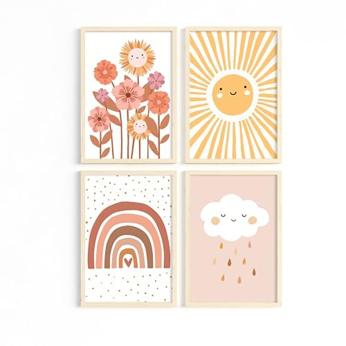 Poster Kinderzimmer Bilder · Geschenkidee für Kinder · Sonnenstrahlen Blumen Regenbogen Wolke · Deko Print ohne Rahmen (Wolke, 60x90 cm)