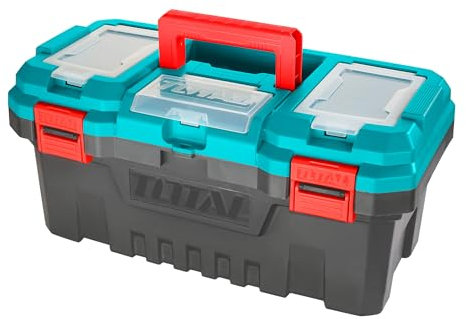 TOTAL - Cassetta in Plastica degli Attrezzi | Dimensioni: 508 x 296 x 261 mm | Vassoio Organizzatore Rimovibile | Coperchio Superiore con 3 Aree di Stoccaggio e Scala | Maniglia e Chiusure Rinforzate
