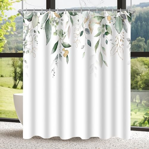 Lerores Duschvorhang 240x200cm Goldene Blätter, Beschwerter Saum Antischimmel Textil, Wasserabweisend, Waschbar Polyester Badevorhänge mit 16 Ösen und Duschvorhangringe für Badezimmer, Badewanne