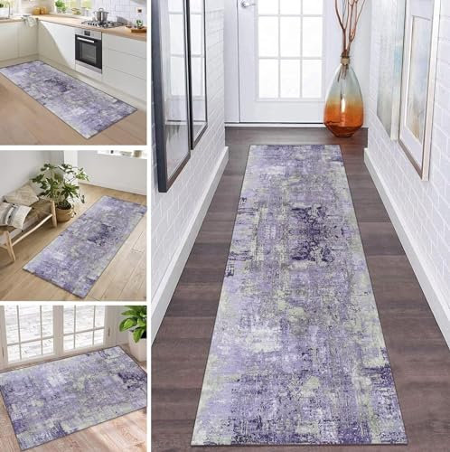 ZDYHMrj Läufer Teppich Lang Flur rutschfest Waschbar Küche Korridor Teppichläufer Lila Grau 50X180CM Lange Teppichmatten Küchenläufer Wohnzimmer Kinderzimmer Anpassbare Küchenteppich Meterware
