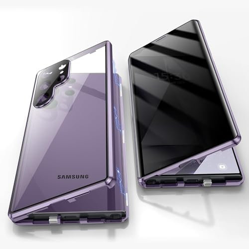 Sichtschutz Screen für Samsung Galaxy S24 Hülle, 360 Grad Protector Schutzhülle mit Kameraschutz, Magnetische Adsorption Metall Handyhülle, Privatsphäre Schutzfolie Gehärtetes Glas Case,Lila