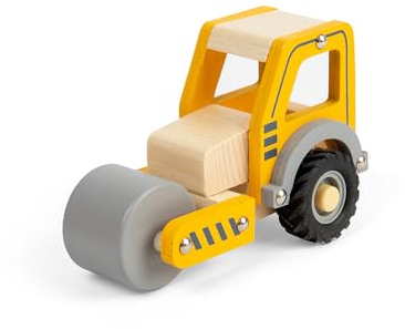 Bigjigs Toys Mini Road Roller - Wooden Yellow Construction Truck, Toddler Play Vehicle, Kids Sandpit Playsets, Gifts For Toddlers, Sustainably Made, Age 12+ Months