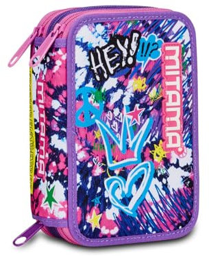 Mitama Federmäppchen mit 3 Fächern, Hey DYE, Inhalt 47 Stück, komplett mit Bleistiften, Filzstiften, Stifteköcher für die Grundschule für Mädchen, violett, Taglia Unica, Federmäppchen mit 3