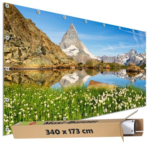 TRIOSK Sichtschutz Garten Dekoration Plane groß mit Natur Motiv Berg Matterhorn Schweiz Motivbanner Blickdicht für Terrasse Zaun Gartenzaun Gartenposter PVC Zaunblende 340x173 cm