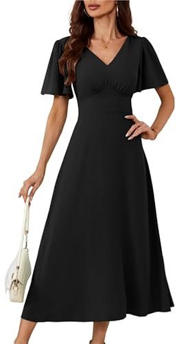 GRACE KARIN Women Short Sleeve V Neck Holiday Tie Back Ruffle A Line Dress Square Back with Tie Party Wedding Dress Black L