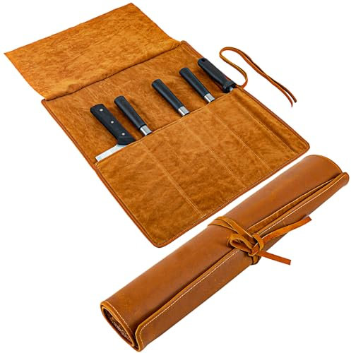 Baizoy Knife Roll Bag Genuine Leather, Knife Bags for Chefs Professional,5 Pockets for Knives And Kitchen Utensils, Perfect for The Traveling Chef, Travel Tool Roll Pouch,Knives Not Included
