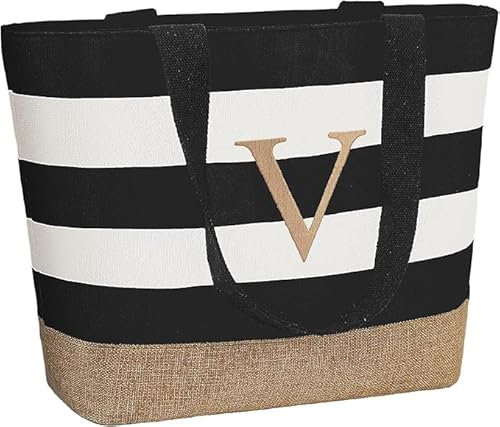 TAHAVICE Personalisierte Strandtasche, Initiale Tote Bag Damen Groß, Einkaufstasche mit Reißverschluss, Personalisierte Geschenke Frauen für Freundin Brautjungfer Frau Kollegin (V)