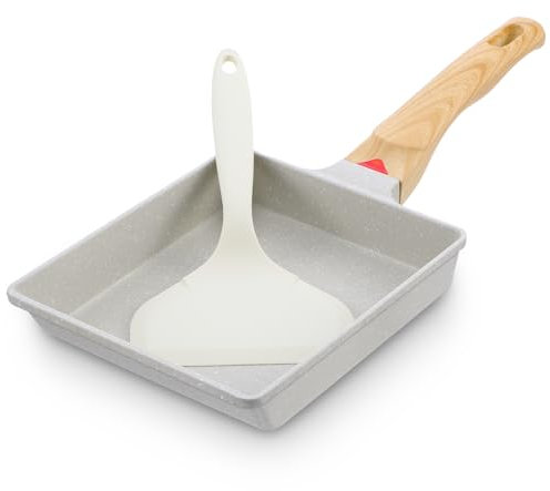 JOUTYFOR Japanese Omelette Pan, Tamagoyaki Egg Pan, Nonstick Frying Pan with Spatula, Healthy Granite Cookware, PFOS & PFOA Free, 6 x 7 (White)