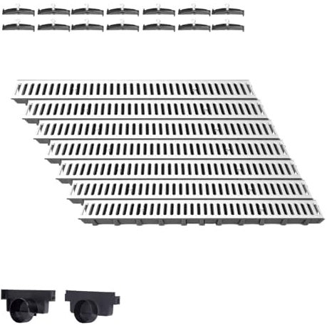 Entwässerungsrinne Set – befahrbar (A15) mit verzinktem Stahlrost | 7 m Länge, Bauhöhe 63 mm | Weitere Varianten: 1–10 m Länge, Bauhöhe 63 mm, 98 mm, 148 mm | Ablaufrinne für Garten, Hof & Einfahrt