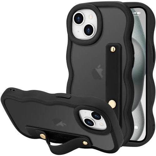 LLZ.COQUE for iPhone 15 Case, Curly Wave Frame with Adjustable Hand Strap Stand Phone Case, Translucent Matte Back Anti-scratch Shockproof Bumper Cover for iPhone 15, Black