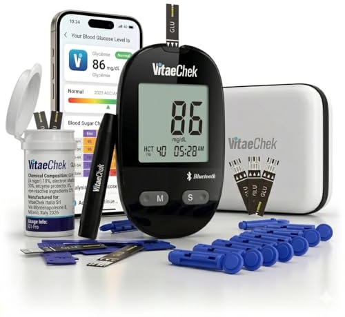 VitaeChek G1 Pro misuratore glicemia bluetooth, Glucometro con 50 strisce GDH-FAD e 50 lancette, misura glicemia rapida e precisa, facile da usare, ideale per diabete tipo 1, 2 e gestazionale, mg/dL