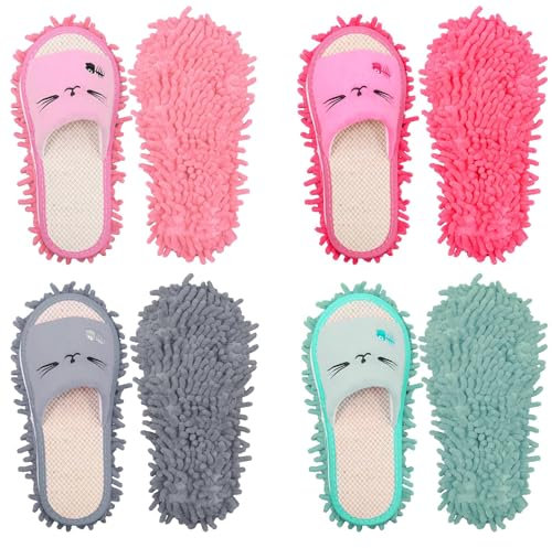 4 Pair Microfiber Mop Slippers, Washable Floor Cleaning Shoes Covers for Women, Foot Dust Socks Tools for Women Men Home Office Kitchen Floor Dirt Clean