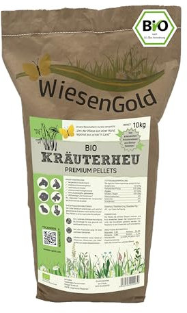 WiesenGold® Bio-Kräuterheu Pellets/Cobs (10kg) – von artenreichen Kräuterwiesen für Tiere, naturnaher und insektenschonender Anbau, Bio Heucobs, Bio Wiesencobs, Pferdefutter, Heimtierfutter