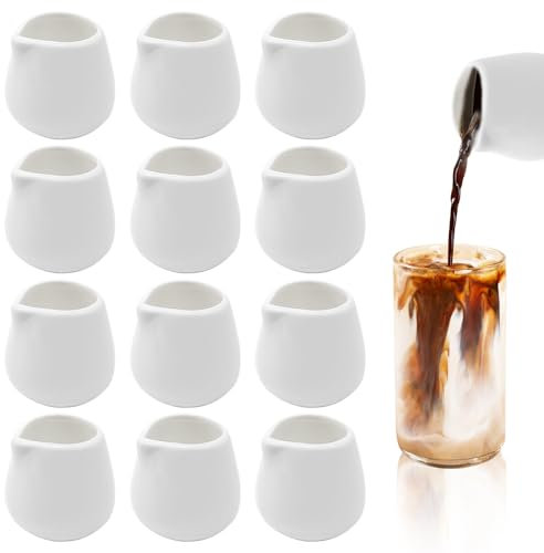 Gobesty 12 PCS Small Milk Jug, 50 ML White Ceramic Mini Milk Jug with Handle, Small Gravy Jug, Reusable Milk Frothing Jugs, Porcelain Syrup Server for Coffee Gravy