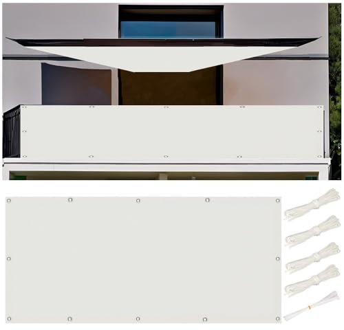 Balkon Sichtschutz 90x200cm Balkonabdeckung Wetterfest, Sonnensegel 0.9x2M Wasserdicht Rechteckig Sonnensegel Balkon Ohne Bohren Segeltuch mit Ösen und Kordel für Garten Terrasse, Weiß