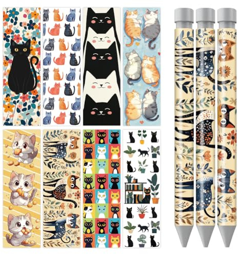 WADORN 48 Blatt Süße Katze UV DTF Pen Wraps Transferaufkleber, Lustige Katze Tier Wasserdicht HD Druck UV DTF Stift Klebeaufkleber Personalisierte DIY Rub On Transfer Aufkleber Für DIY Bleistift
