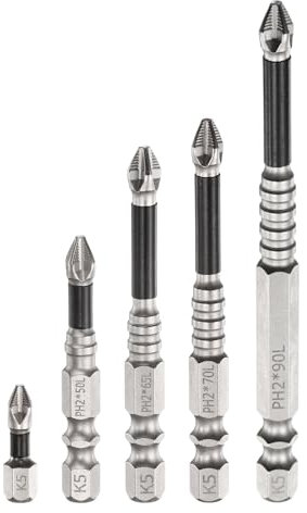sourcing map 5pcs Impact Phillips Screwdriver Bit Set PH2 (#2) Anti Slip Tip 1/4 Hex Shank 1/2/2.6/2.8/3.5 (25mm/50mm/65mm/70mm/90mm) Long Magnetic Cross Screw Driver Drill Bits