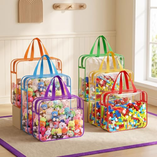 6 Pack Clear Toy Storage Bags with Handles, PVC Zipper Kids Organiser Bags | 12.6x9 Inch Reusable Waterproof Clear Storage Bags for Building Blocks, Puzzles & Board Games