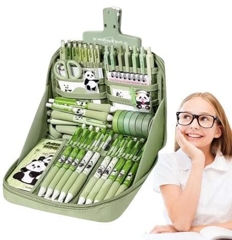 Panda Schreibset Schulbedarf | Niedliches Ästhetisches Lernschreibset - Lineal Notizbuch Schlüsselanhänger Stifte Federmäppchen Etiketten-Set Für Mädchen Teenager Schüler