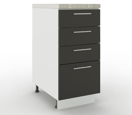 JD Greta Adjustable Kitchen Drawer Base Unit - 400mm - Drawer Cabinet with Fronts & Worktop - Dark Grey Matt